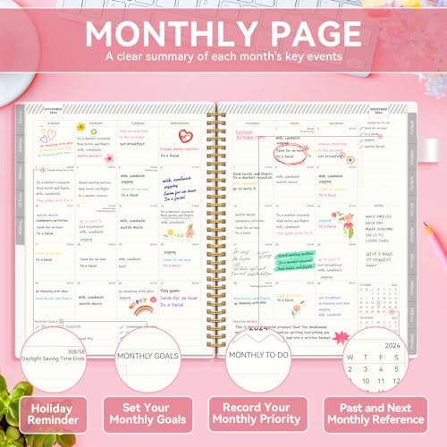 AIMPEAK Monthly Planner 2024-2025, 18-Month, Spiral Binding, Pink L21793