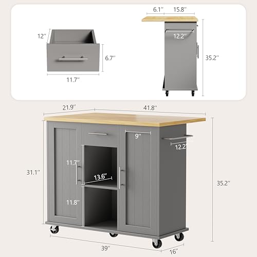 Shintenchi Kitchen Island with Drop Leaf, Rolling Cart with Storage, White T972
