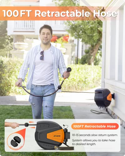 Ayleid Retractable Garden Hose Reel, 1/2 in x 100 ft, Wall Mounted, Grey Q139915