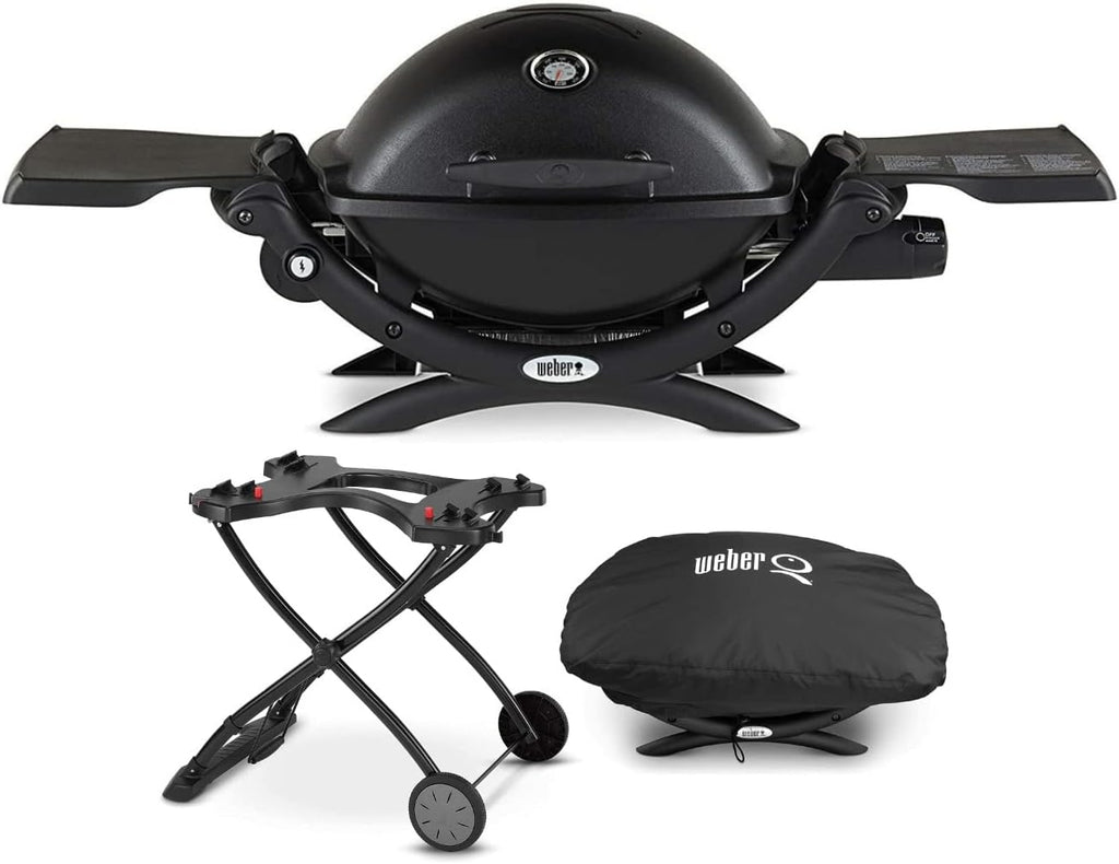 Weber Q 1200 Gas Grill - LP Gas (Black) with Portable Cart and Grill Cover Bundle (3 Items)