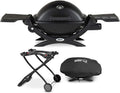 Weber Q 1200 Gas Grill - LP Gas (Black) with Portable Cart and Grill Cover Bundle (3 Items)