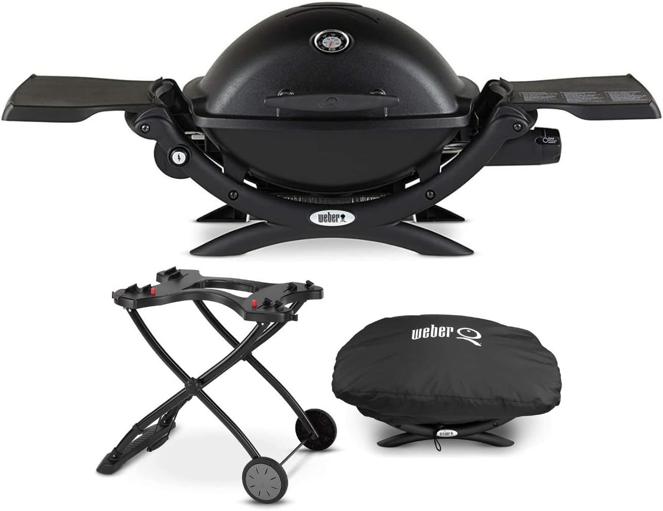 Weber Q 1200 Gas Grill - LP Gas (Black) with Portable Cart and Grill Cover Bundle (3 Items)