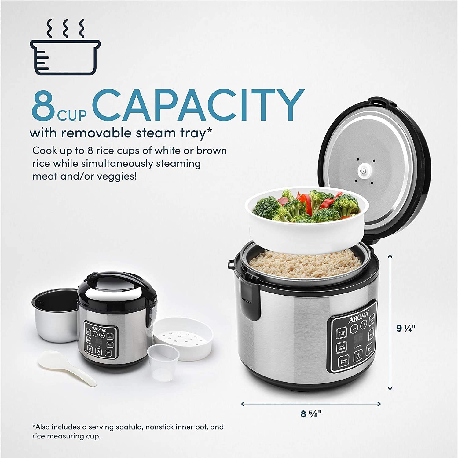 8 Cup Digital Rice Cooker and Food Steamer, Stainless, ARC-914SBD (Renewed) W7959
