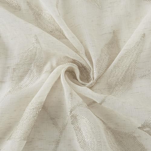 Bujasso White Floral Semi Sheer Curtains 84 Inch Embroidered Leaf Patterned Window Panels W77666