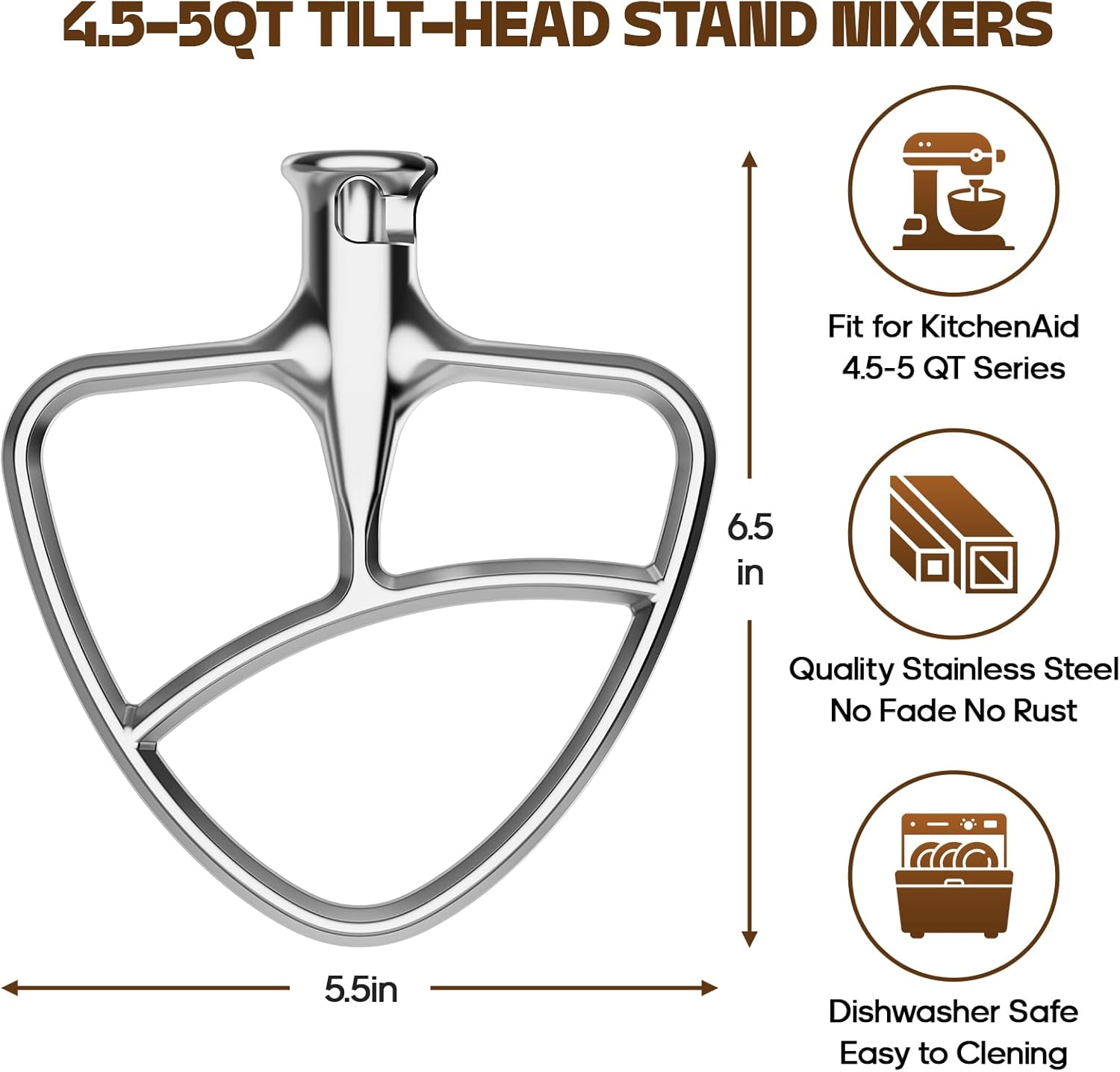Stainless Steel Flat Beater for KitchenAid Stand Mixer, 4.5-5Qt Tilt-Head Q5884
