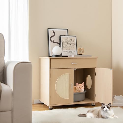 Tangkula Cat Litter Box Enclosure with Storage Shelf and Scratching Doors X93149