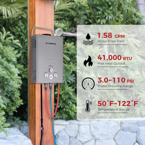 CAMPLUX 2.64 GPM Propane Portable Gas Water Heater, 68,000 BTU, White Y83276
