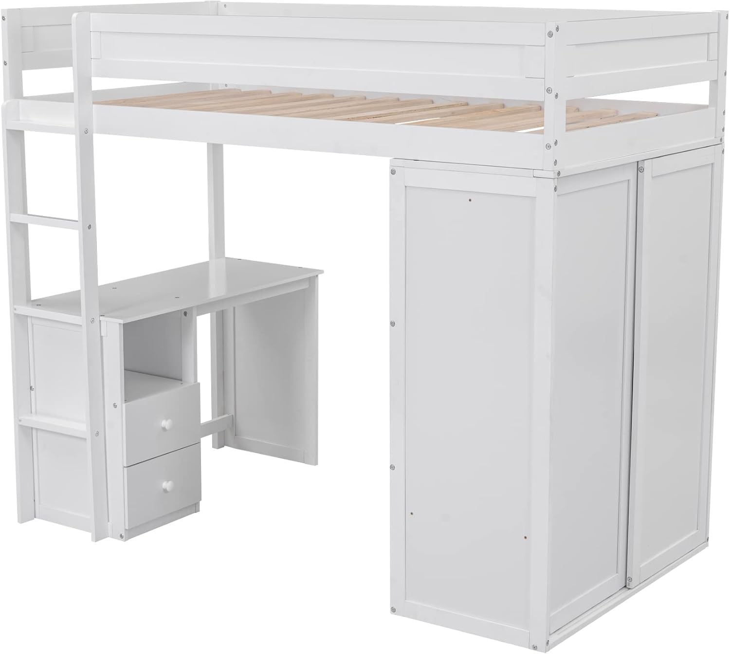 Modern Twin Loft Bed with Desk and Wardrobe, White L334490