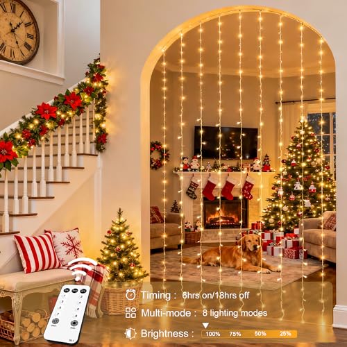 JMEXSUSS 300 LED Remote Control Christmas Curtain Lights, Warm White V64841