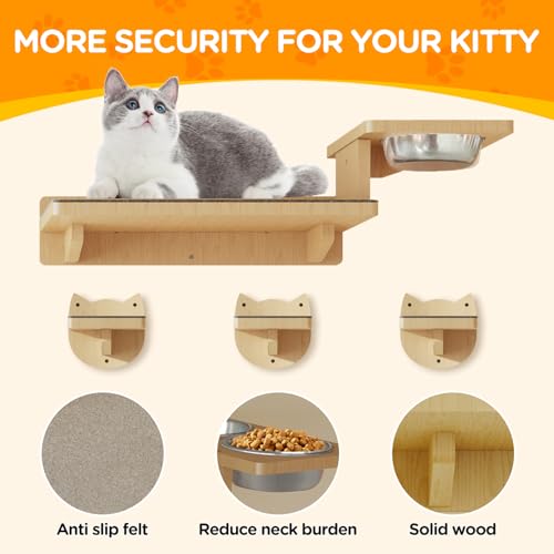 MeowHomm Cat Wall Shelves with 3 Steps and 2 Food Bowls S894