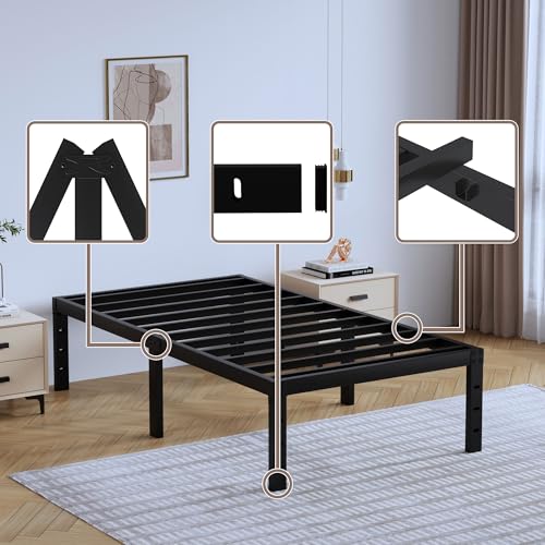 Full Metal Bed Frame 14 Inch Tall Heavy Duty Black Steel Slats Platform J736200
