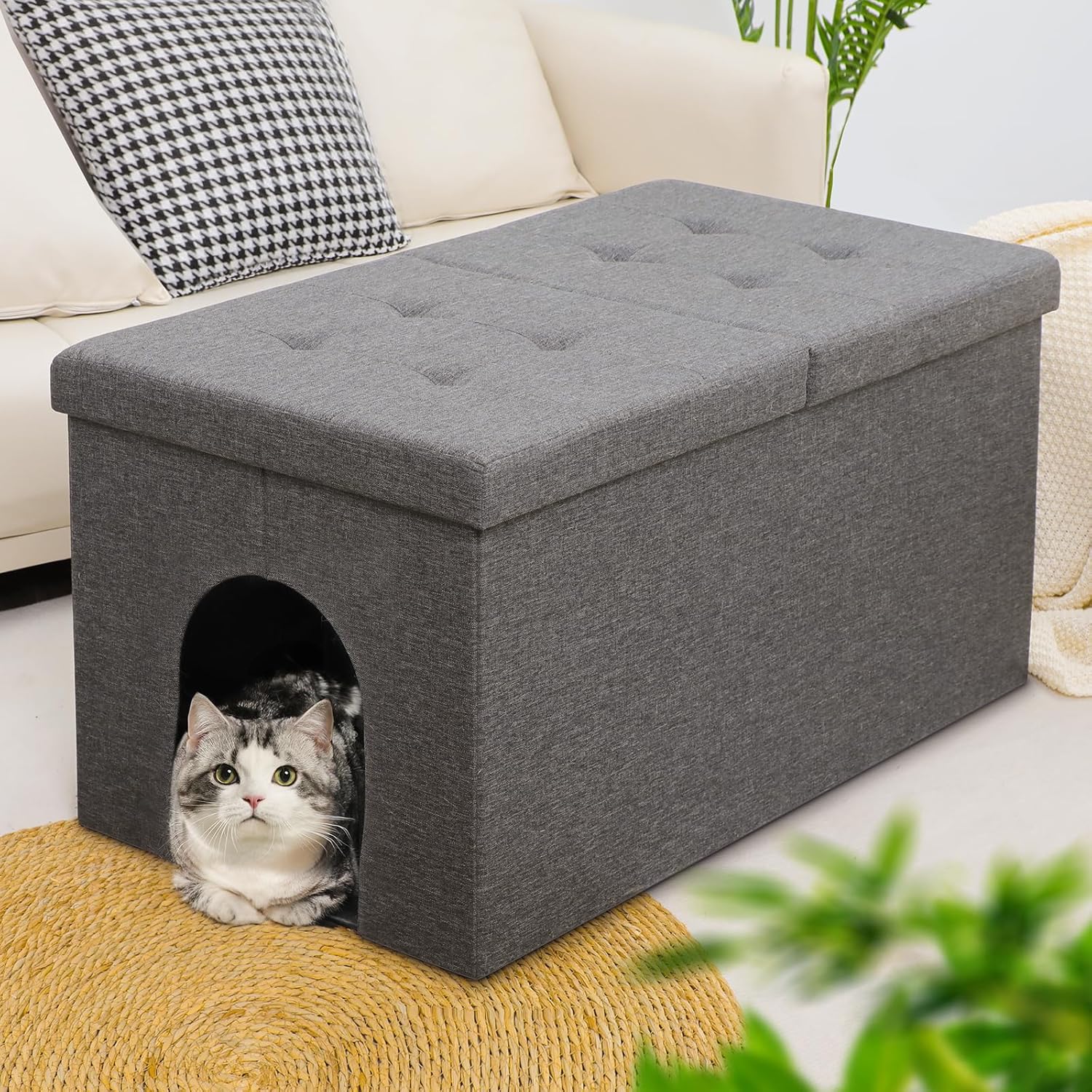 Cat Litter Box Enclosure Furniture Ottoman with Flip-Up Lid, Gray U8917