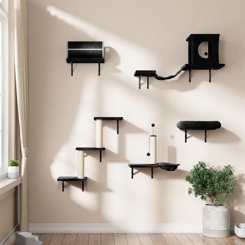 NUNU LAB Wall Mounted Cat Furniture, 7 Pcs Cat Wall Shelves with House, Gray T582052
