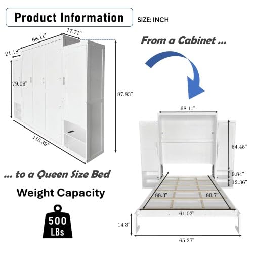 Queen Size Murphy Bed with Desk & Charging Station, White K505073