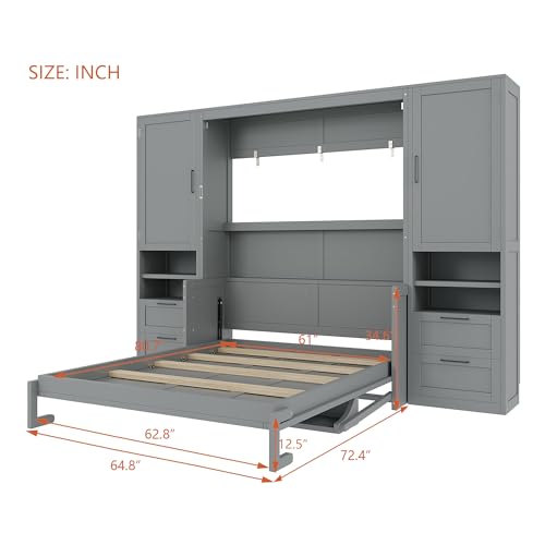 Ball & Cast Murphy Bed Queen Size Wall Chest with Charging Station and Storage Drawer, Gray J8503