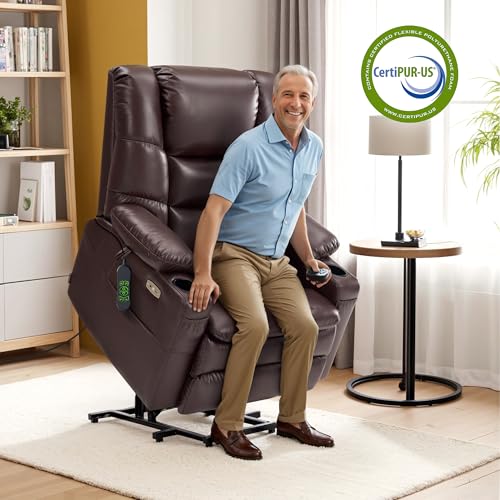 MCombo Large Triple Motor Power Lift Recliner Chair with Massage and Dual Heating, Faux Leather, Dark Brown X979