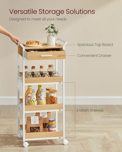 VASAGLE 4-Tier Rolling Utility Cart with Table Top, Lockable Casters, Rustic Brown and Ink Black L57262