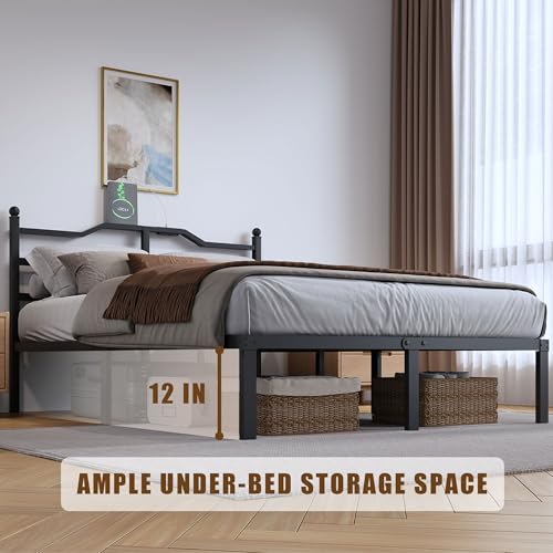Full Metal Bed Frame 14 Inch Tall Heavy Duty Black Steel Slats Platform J736200