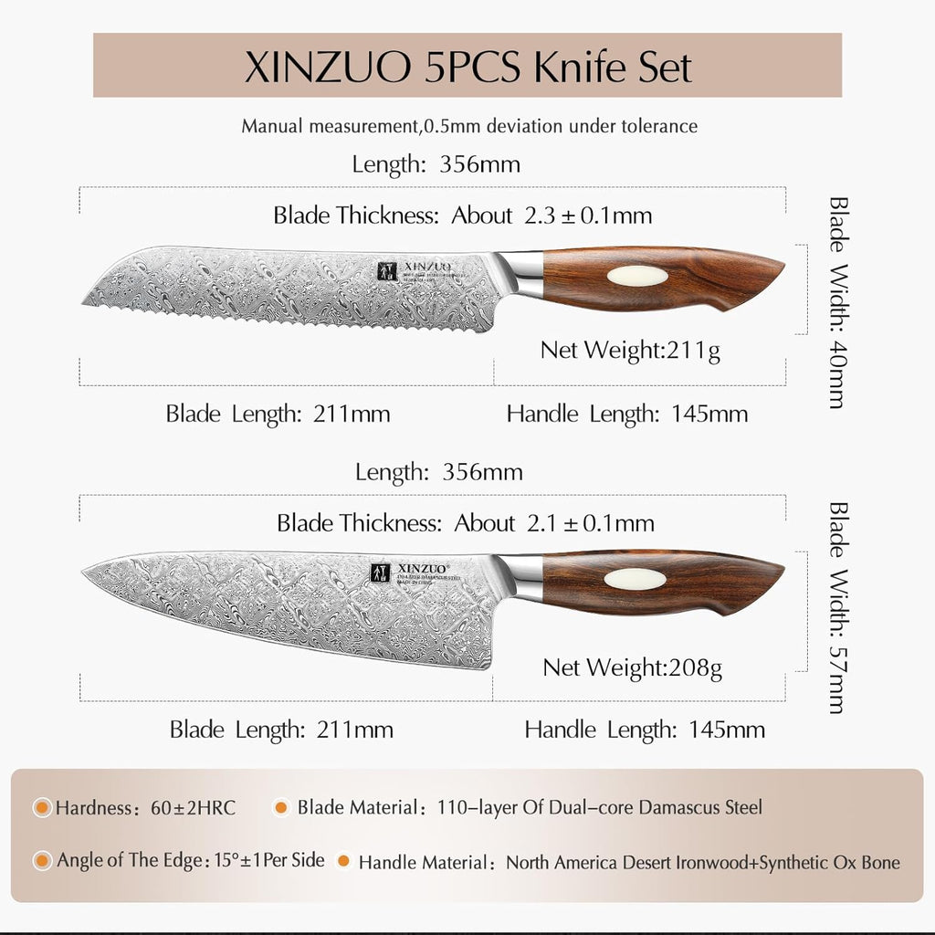 XINZUO 5-Piece Damascus Knife Set with Wood Handle X547964