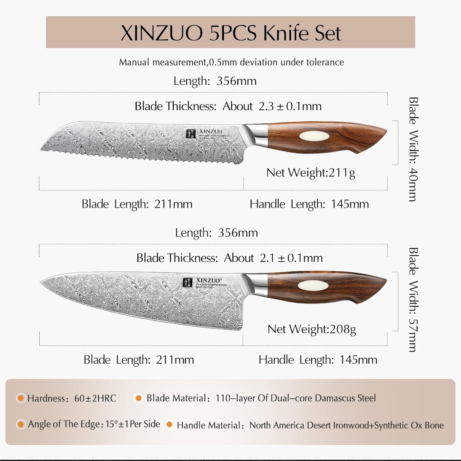 XINZUO 5-Piece Damascus Knife Set with Wood Handle X547964