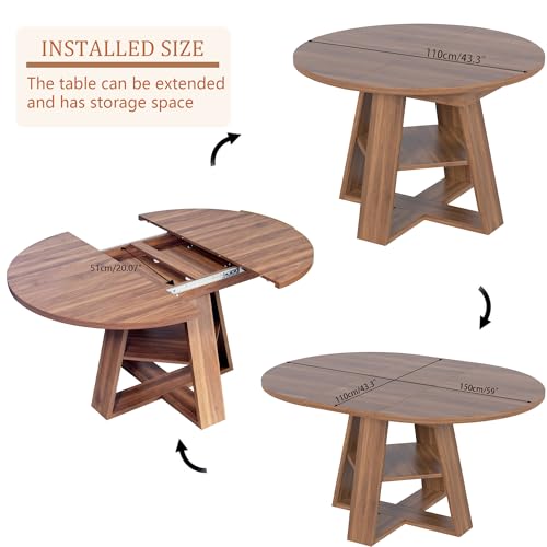 Extendable Round Dining Table for 4-8 with Removable Leaves, Wood Base, Walnut V742