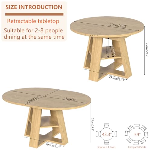 Extendable Round Dining Table for 4-8 with Removable Leaves, Wood Base, Walnut V742