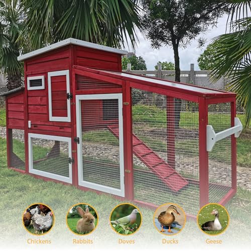 78" Wooden Chicken Coop with Nesting Wheels, Outdoor Hen House, White/Red C20684