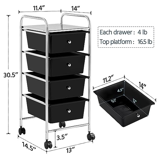 Yaheetech 4 Drawer Rolling Plastic Storage Cart on Wheels, Black G662570