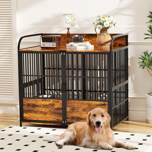 86 in Double Dog Crate Furniture with Divider, Heavy Duty Wooden Kennel for Large Dogs, Brown P52672