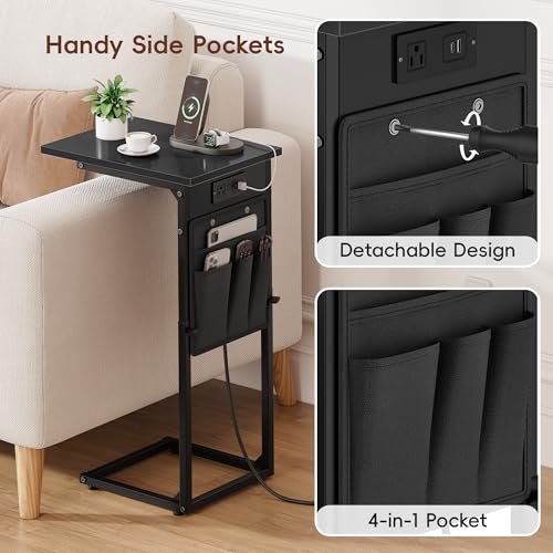 Vagusicc C Shaped End Table with Charging Station, Adjustable Height, Brown C747005
