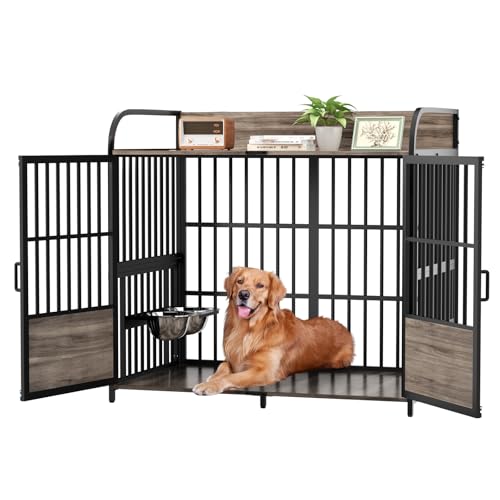 86 in Double Dog Crate Furniture with Divider, Heavy Duty Wooden Kennel for Large Dogs, Brown P52672