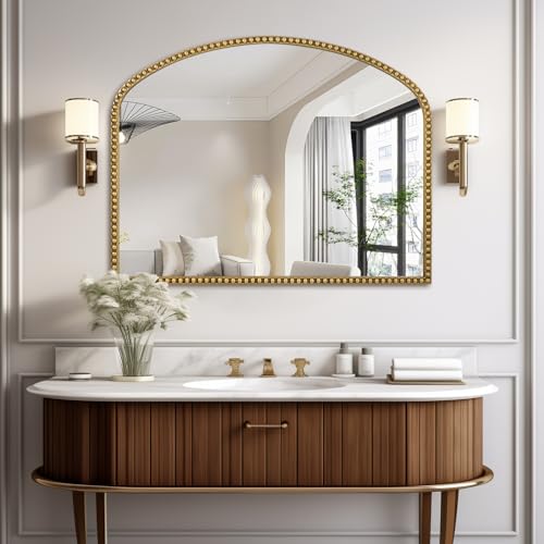 Large Arch Wall Mirror 28x36, Beaded Frame, Antique Gold Y282