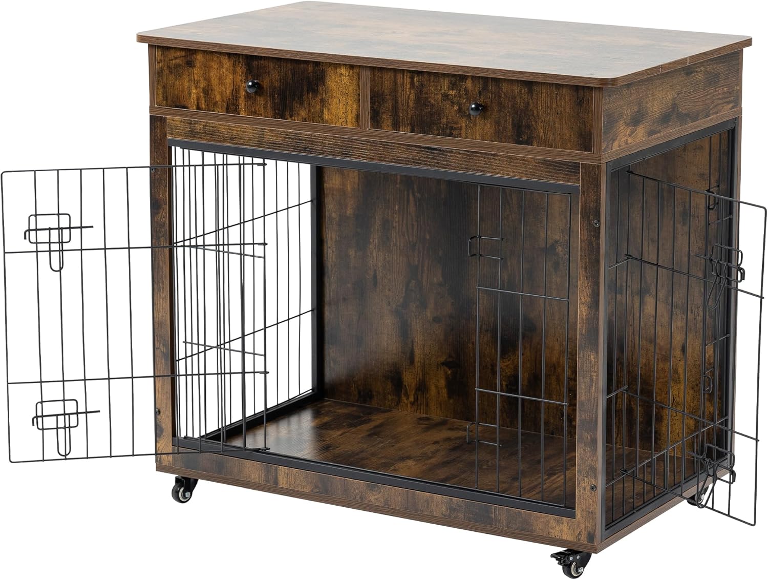 Yehha Cabinet Crate Furniture with Storage Drawer and Wheels, Wooden Dog Kennel, Brown D49834