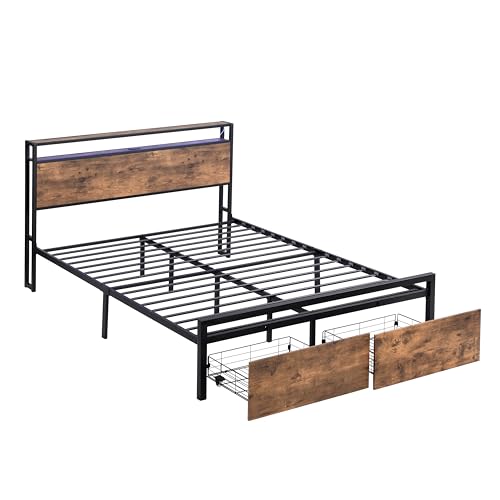 Full Bed Frame with Storage Headboard, LED Lights and USB Charging Stations G7942