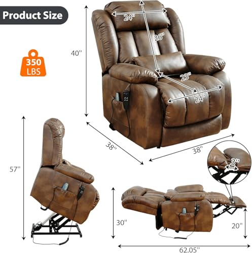EDILLY Genuine Leather Power Lift Recliner Chair with Massage and Heating, Brown C901