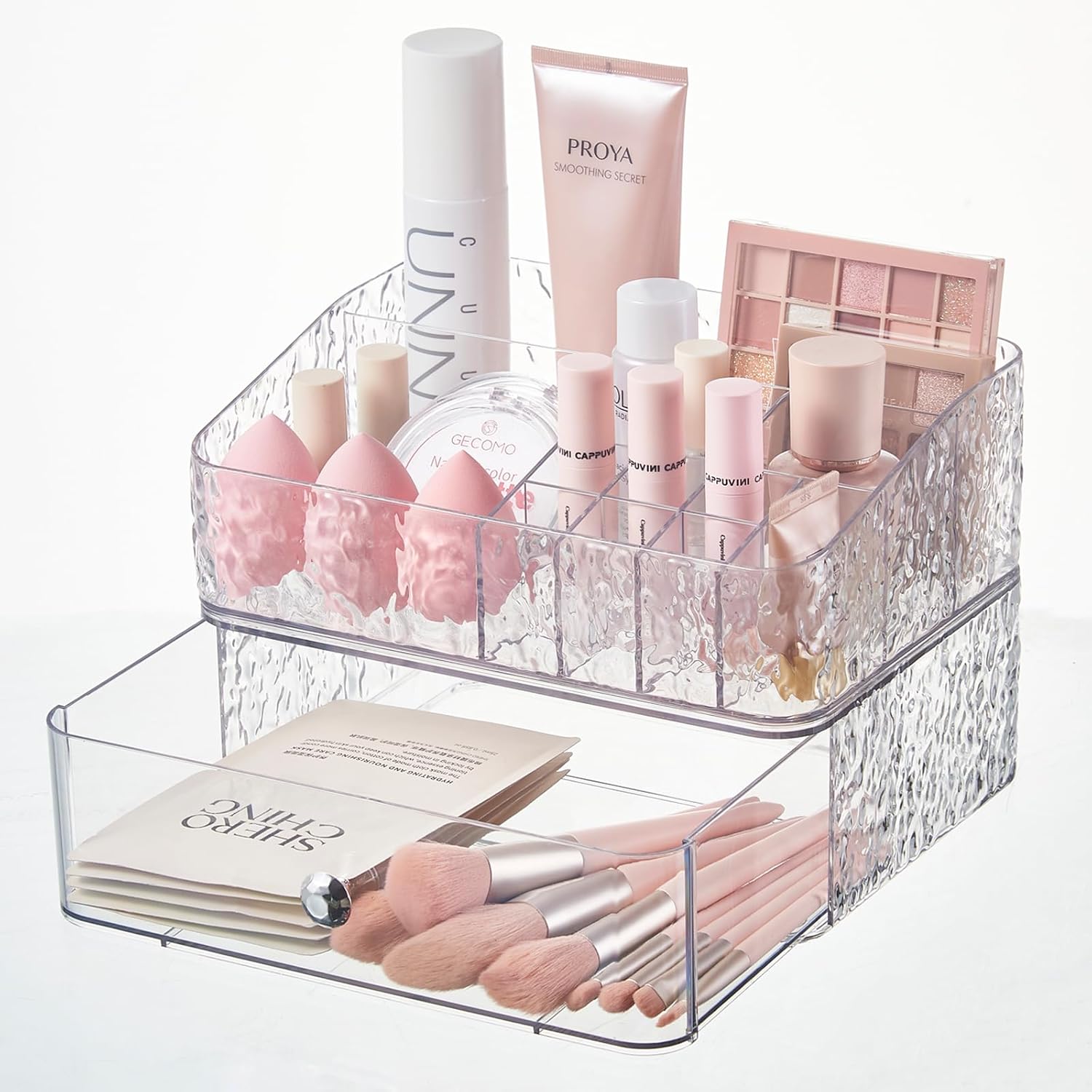 SUNFICON Makeup Organizer Stackable Cosmetic Holders Tray Set Vanity Cosmetic Display Top Tray Drawer Storage Box Case Office Stationery Holder Countertop Bathroom Office Desk Gift Washable Clear PET
