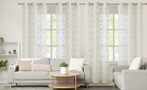 Bujasso White Floral Semi Sheer Curtains 84 Inch Embroidered Leaf Patterned Window Panels W77666