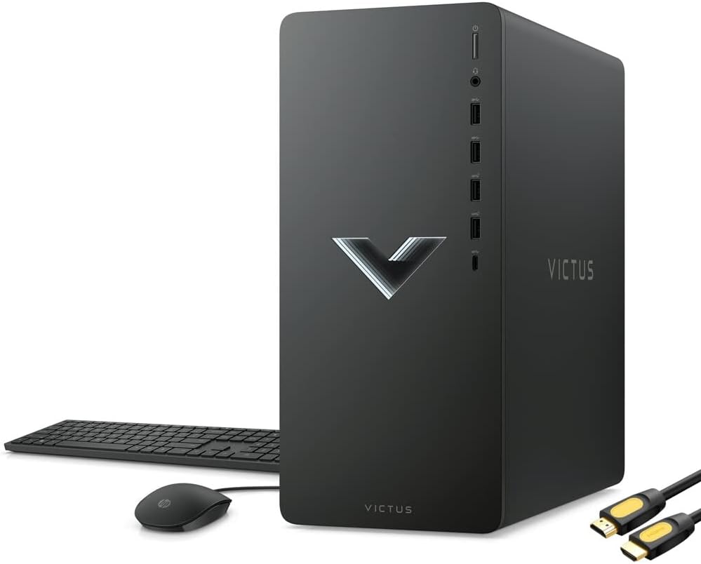HP Victus 15L Gaming Desktop, AMD 6-Core Ryzen 5 5600G (Beat i7-10700K), AMD Radeon RX 6400 4GB, 32GB RAM, 1TB PCIe SSD+1TB HDD, USB-C, HDMI/DP, RJ45, SPS HDMI Cable, Mica Silver, Win 11