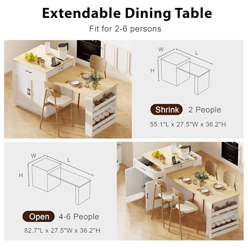 Merax 82.7" Kitchen Island with Extendable Dining Table, Storage & Charging Station, White Oak K8597