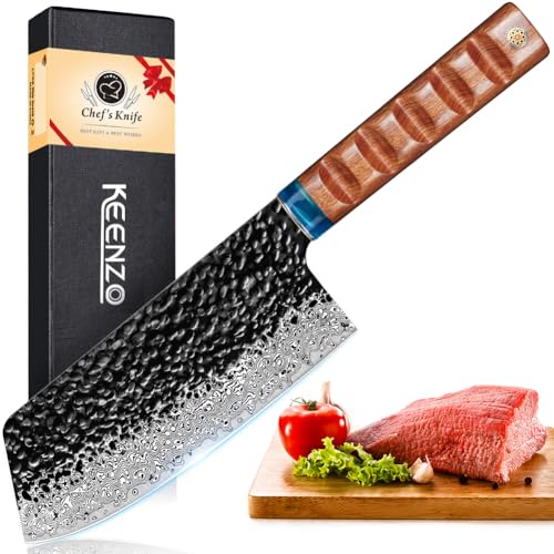 KEENZO Damascus Nakiri knife 7 inch,Professional kitchen knife set, Sharp Damascus chef knife.Hand forged 67-layers high carbon stainless steel cooking knife for meat & vegetable cleaver with gift box