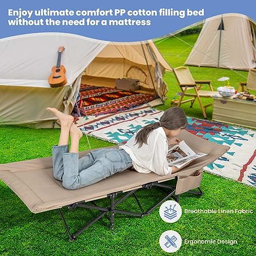 Giantex Folding Camping Cot for Adults with Carry Bag, Cushion & Headrest, Supports 450 lbs, Gray G52982