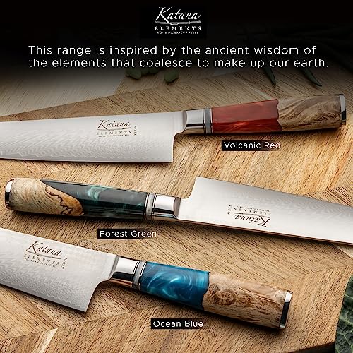 Grunwerg Katana Elements 9 Piece Knife Block Set, Damascus Steel Blades, Resin Handle, Green W8932