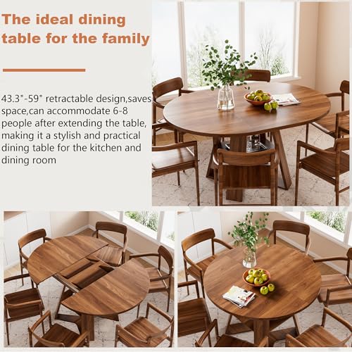 Extendable Round Dining Table for 4-8 with Removable Leaves, Wood Base, Walnut V742