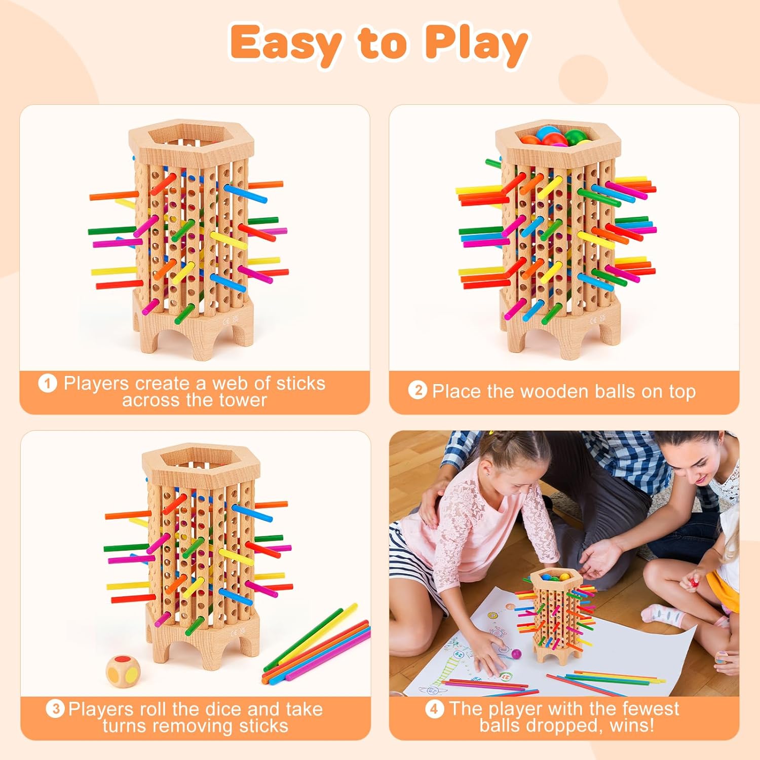 Montessori Board Games for Kids 4-8, 36 Colorful Stick Math Educational Toys Dice Games, Kerplunk Family Game Night M8948