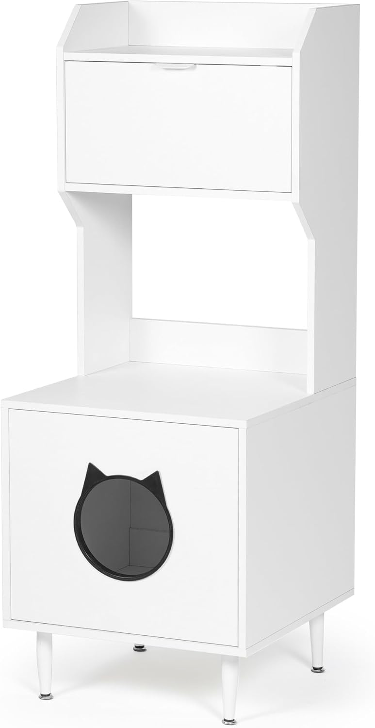 White Wooden Cat Litter Box Enclosure with Storage Shelves J4228