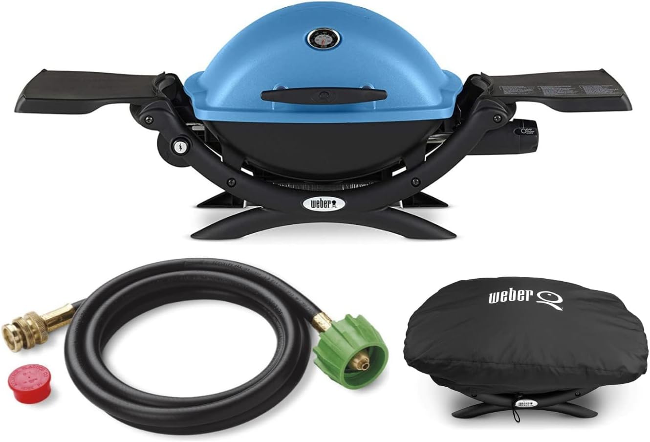 Weber Q 1200 Liquid Propane Grill (Blue) Bundle with Adapter Hose and Cover (3 Items)