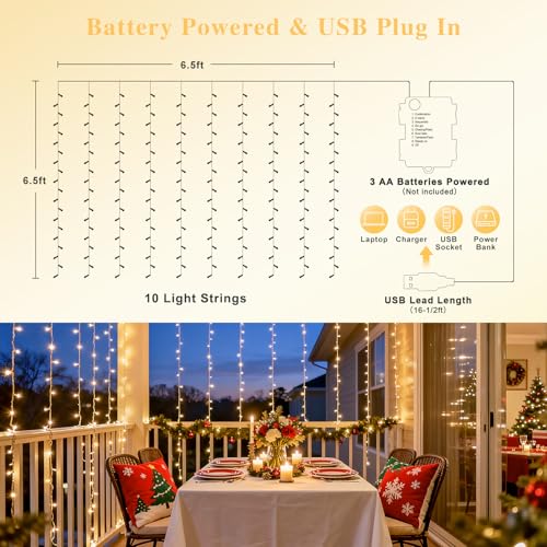 JMEXSUSS 200 LED Christmas Curtain Lights, Warm White, Battery & USB Powered W573