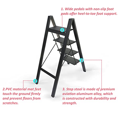 4 Step Aluminium Folding Ladder with Anti-Slip Pedal, 330 Lbs Capacity, Black Y538
