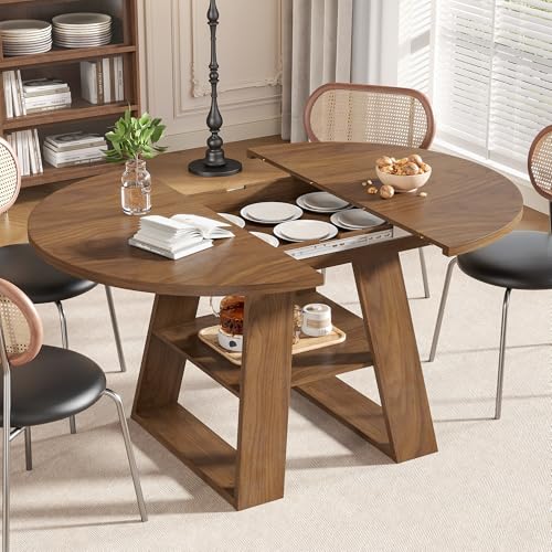 Extendable Round Dining Table for 4-8 with Removable Leaves, Wood Base, Walnut V742