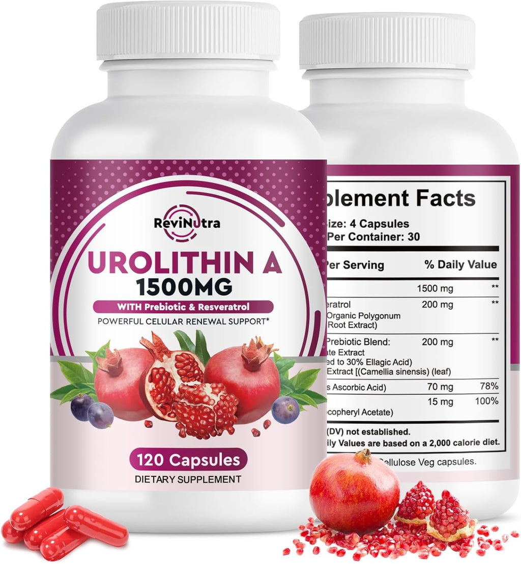 Urolithin A Supplement 1000 mg - Plus Trans-Resveratrol, Pomegranate Extract, Green Tea, Vitamin C, E, Premium Cellular Energy Regeneration, Optimal Mitochondrial Function, Antioxidants, 120 Capsules